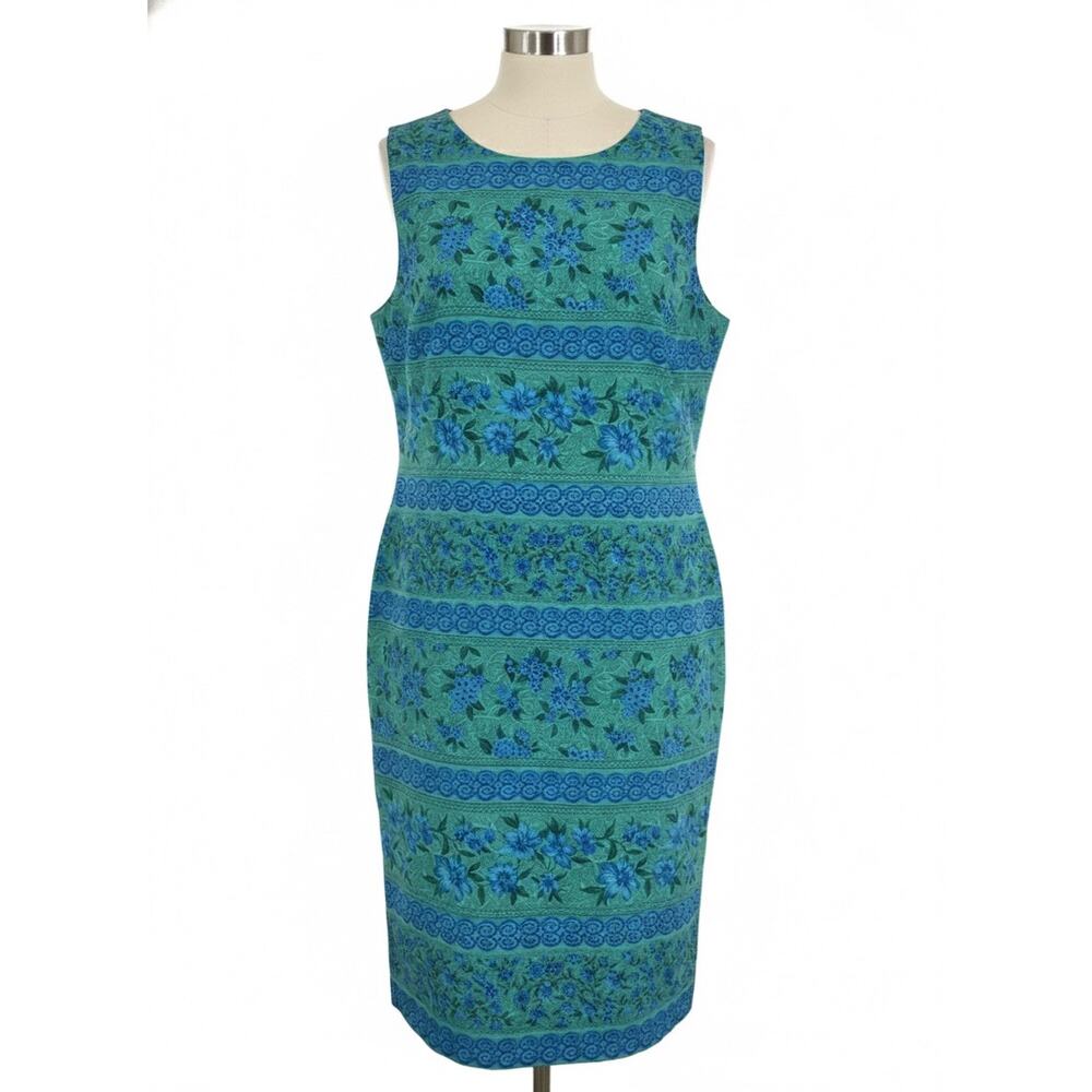 Koret Size 14 Teal Blue Floral Print Medallion Sheath Dress